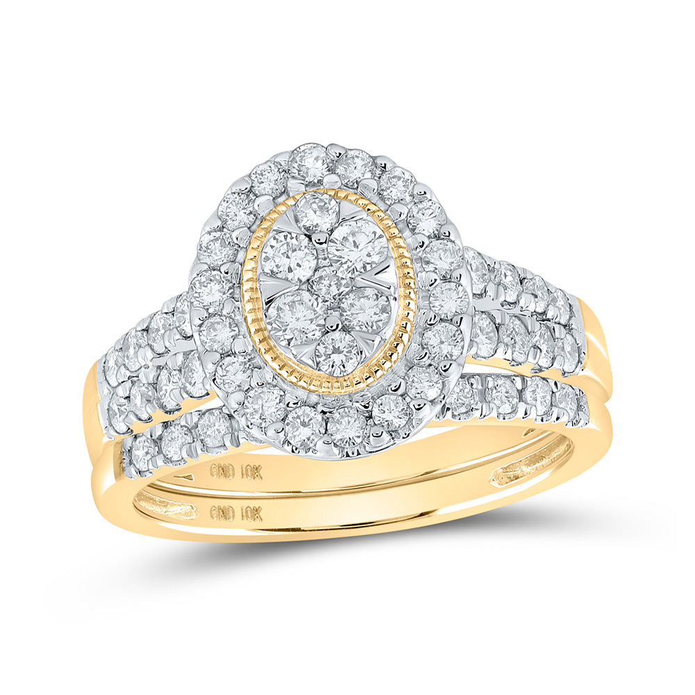 10K Yellow Gold Round Diamond Oval Bridal Wedding Ring Band Set 1 Cttw, Womens Size: 5-10