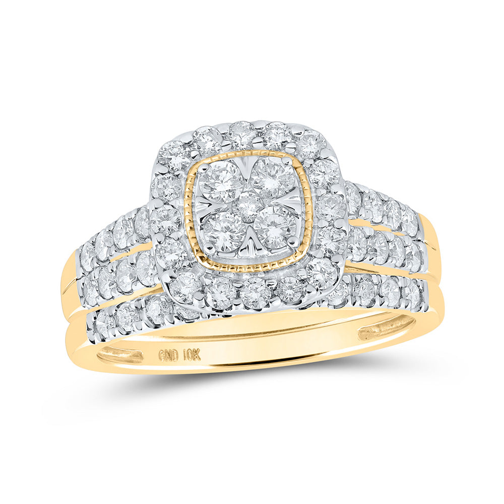 10K Yellow Gold Round Diamond Square Bridal Wedding Ring Band Set 1 Cttw, Womens Size: 5-10
