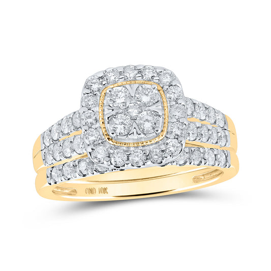 10K Yellow Gold Round Diamond Square Bridal Wedding Ring Band Set 1 Cttw, Womens Size: 5-10