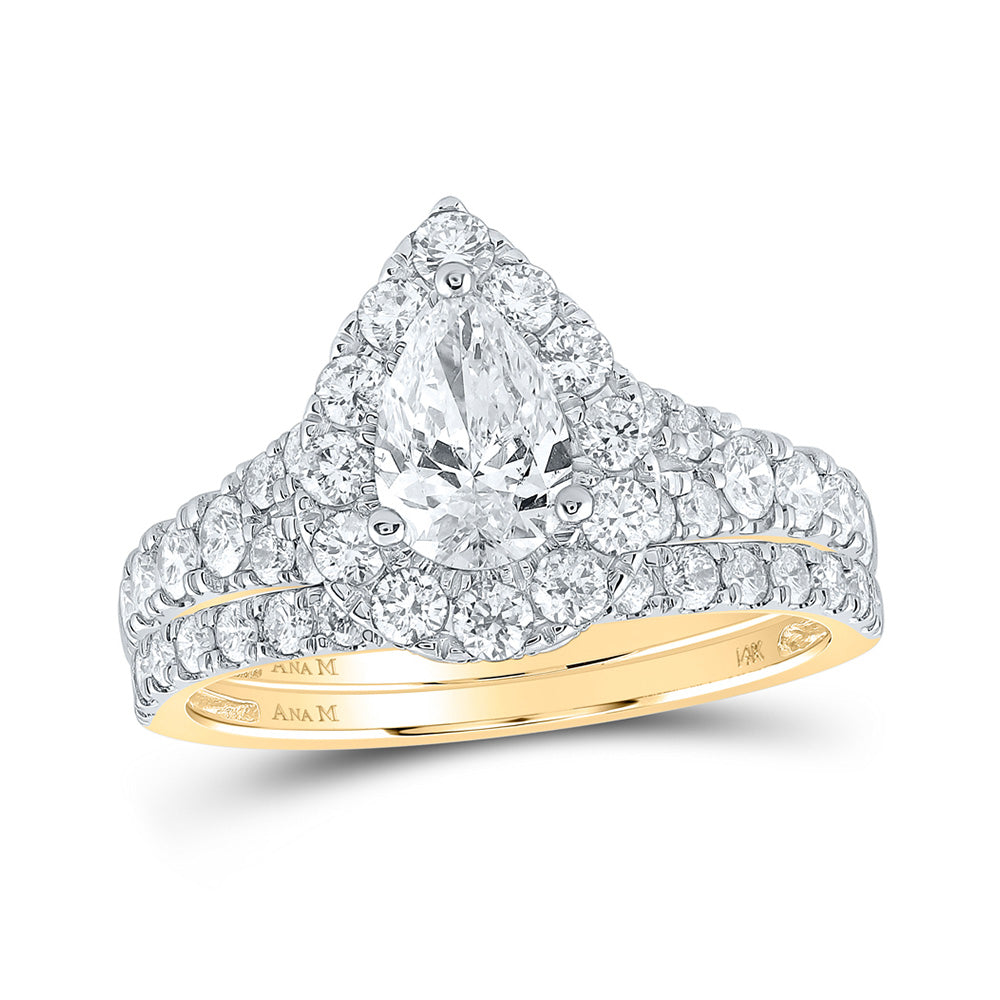 14K White Or Yellow Gold Pear Diamond Halo Bridal Wedding Ring Band Set , Womens Size: 5-10