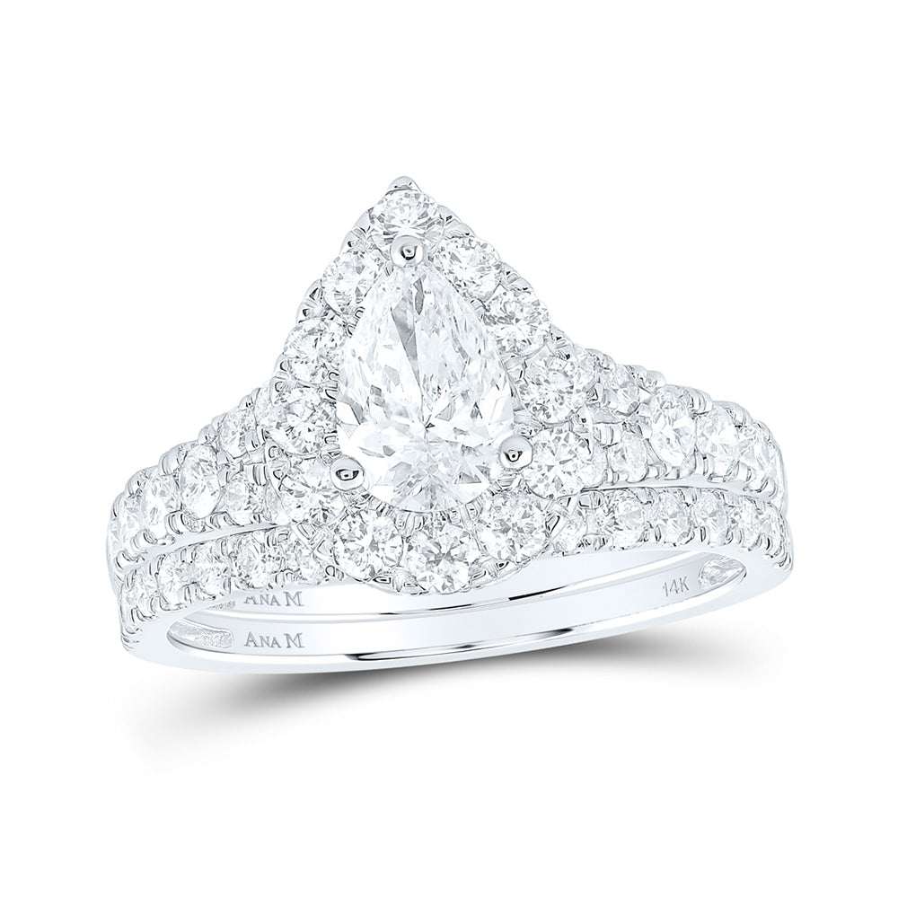 14K White Or Yellow Gold Pear Diamond Halo Bridal Wedding Ring Band Set , Womens Size: 5-10