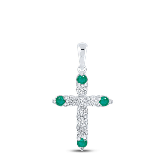 10K White Gold Womens Round Emerald Diamond Cross Pendant 3/8 Cttw
