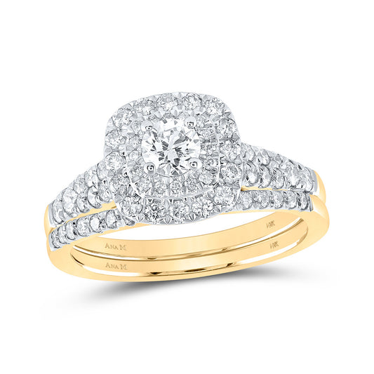 14K Yellow Gold Round Diamond Halo Bridal Wedding Ring Band Set 1 Cttw, Womens Size: 5-10