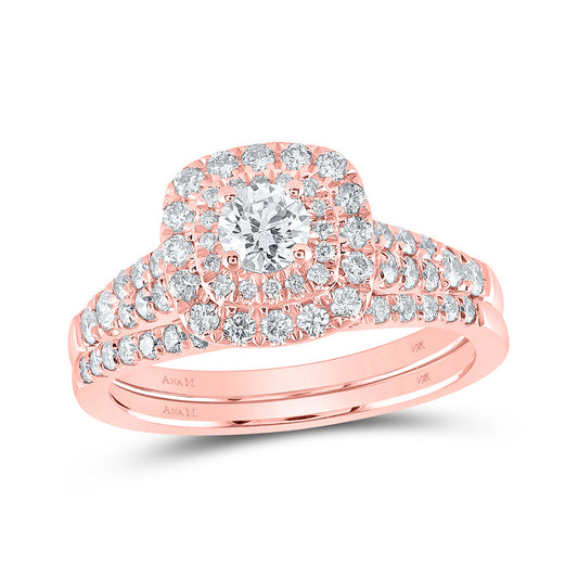 14K Rose Or Yellow Gold Round Diamond Halo Bridal Wedding Ring Band Set , Womens Size: 5-10