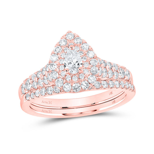 14K Rose Or Yellow Gold Pear Diamond Halo Bridal Wedding Ring Band Set , Womens Size: 5-10