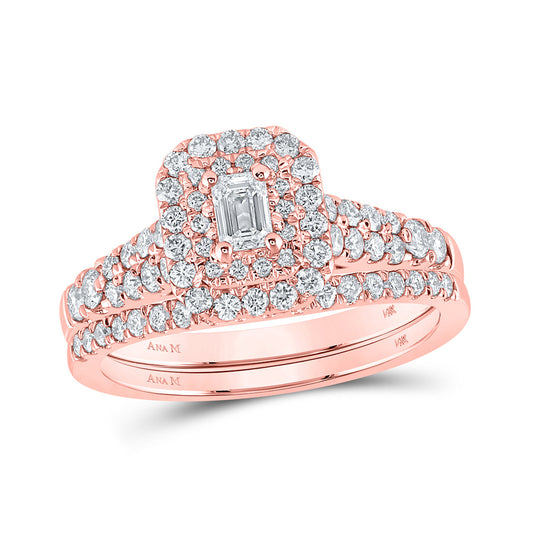 14K Rose Or Yellow Gold Emerald Diamond Halo Bridal Wedding Ring Band Set , Womens Size: 5-10
