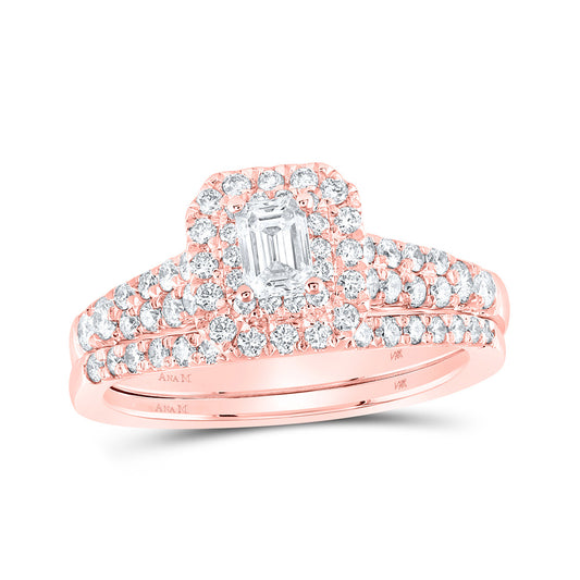 14K Rose Or Yellow Gold Emerald Diamond Halo Bridal Wedding Ring Band Set , Womens Size: 5-10