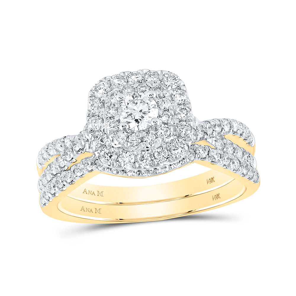 14K Yellow Gold Round Diamond Halo Bridal Wedding Ring Band Set 1 Cttw, Womens Size: 5-10