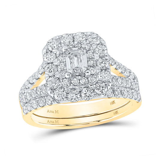 14K Yellow Gold Emerald Diamond Halo Bridal Wedding Ring Band Set 2 Cttw, Womens Size: 5-10