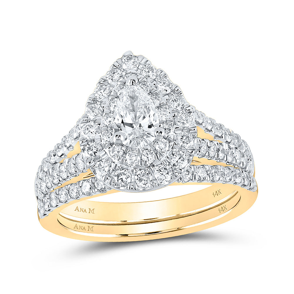 14K Yellow Gold Pear Diamond Halo Bridal Wedding Ring Band Set 1-1/2 Cttw, Womens Size: 5-10