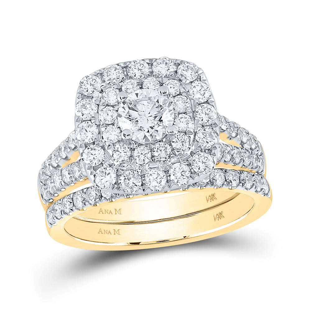 14K Yellow Gold Round Diamond Halo Bridal Wedding Ring Band Set 2 Cttw, Womens Size: 5-10