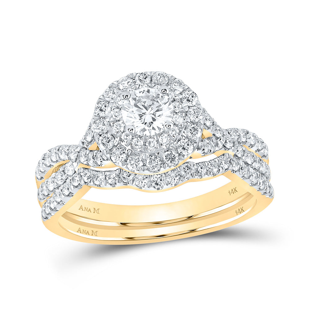 14K Yellow Gold Round Diamond Halo Bridal Wedding Ring Band Set 1 Cttw, Womens Size: 5-10