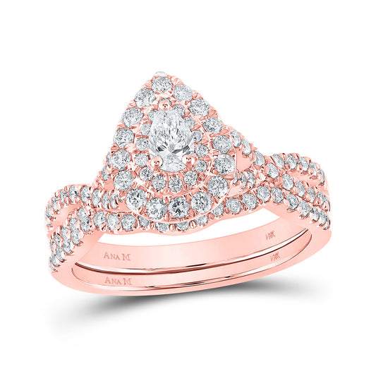 14K Rose Or Yellow Gold Pear Diamond Halo Bridal Wedding Ring Band Set , Womens Size: 5-10