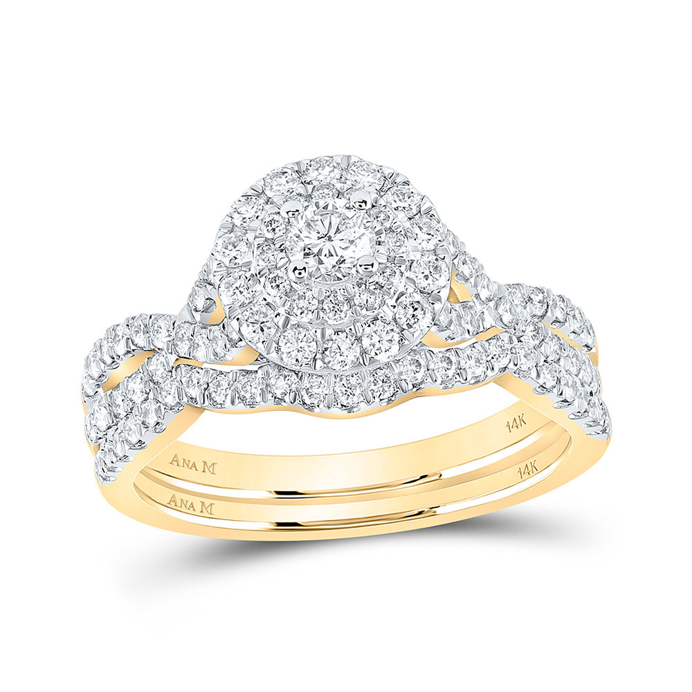 14K Yellow Gold Round Diamond Halo Bridal Wedding Ring Band Set 1 Cttw, Womens Size: 5-10