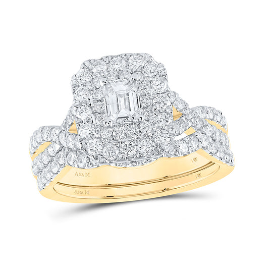 14K Yellow Gold Emerald Diamond Halo Bridal Wedding Ring Band Set 1-1/2 Cttw, Womens Size: 5-10