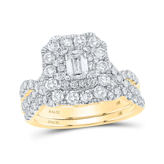 14K Yellow Gold Emerald Diamond Halo Bridal Wedding Ring Band Set 2 Cttw, Womens Size: 5-10