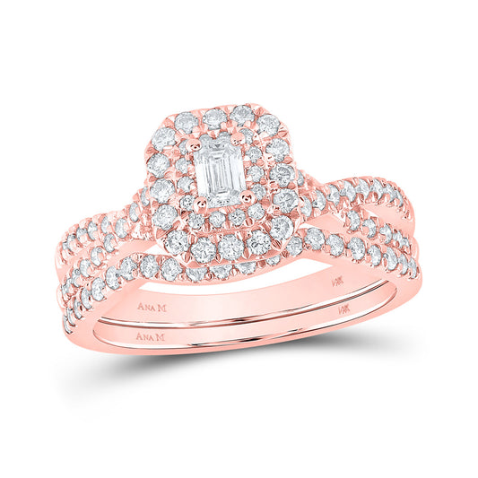 14K Rose Or Yellow Gold Emerald Diamond Halo Bridal Wedding Ring Band Set , Womens Size: 5-10