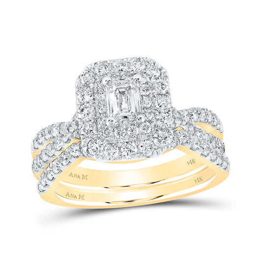 14K Yellow Gold Emerald Diamond Halo Bridal Wedding Ring Band Set 1-1/2 Cttw, Womens Size: 5-10