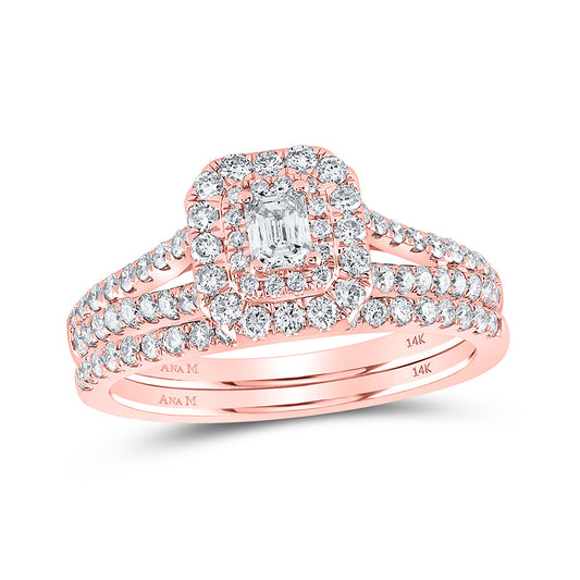 14K Rose Or Yellow Gold Emerald Diamond Halo Bridal Wedding Ring Band Set , Womens Size: 5-10
