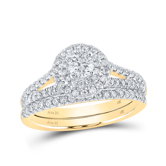 14K Yellow Gold Round Diamond Halo Bridal Wedding Ring Band Set 1 Cttw, Womens Size: 5-10