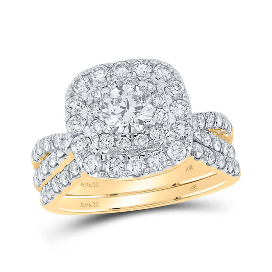 14K Yellow Gold Round Diamond Square Halo Bridal Wedding Ring Band Set 2 Cttw, Womens Size: 5-10