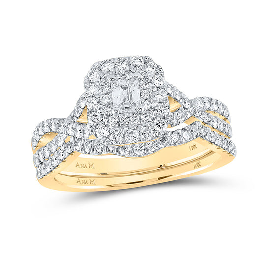 14K Yellow Gold Emerald Diamond Halo Bridal Wedding Ring Band Set 1 Cttw, Womens Size: 5-10