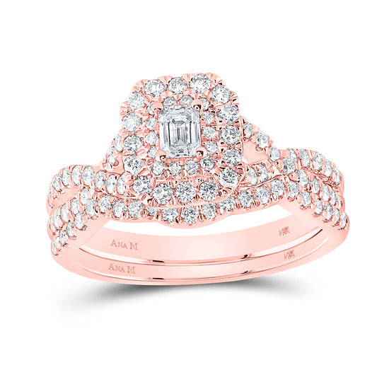 14K Rose Gold Emerald Diamond Halo Bridal Wedding Ring Band Set 1 Cttw, Womens Size: 5-10