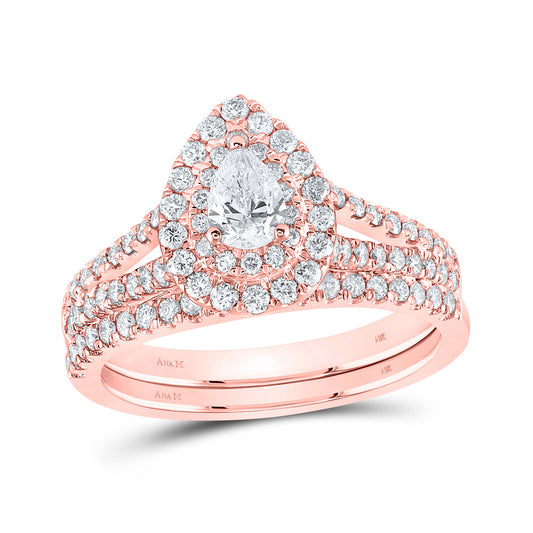 14K Rose Or Yellow Gold Pear Diamond Halo Bridal Wedding Ring Band Set , Womens Size: 5-10