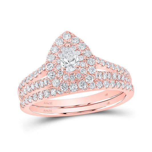 14K Rose Or Yellow Gold Pear Diamond Halo Bridal Wedding Ring Band Set , Womens Size: 5-10
