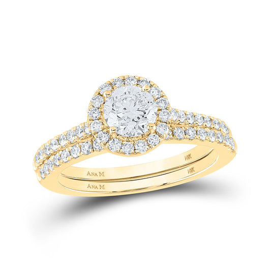 14K Yellow Gold Round Diamond Halo Bridal Wedding Ring Band Set 1 Cttw, Womens Size: 5-10