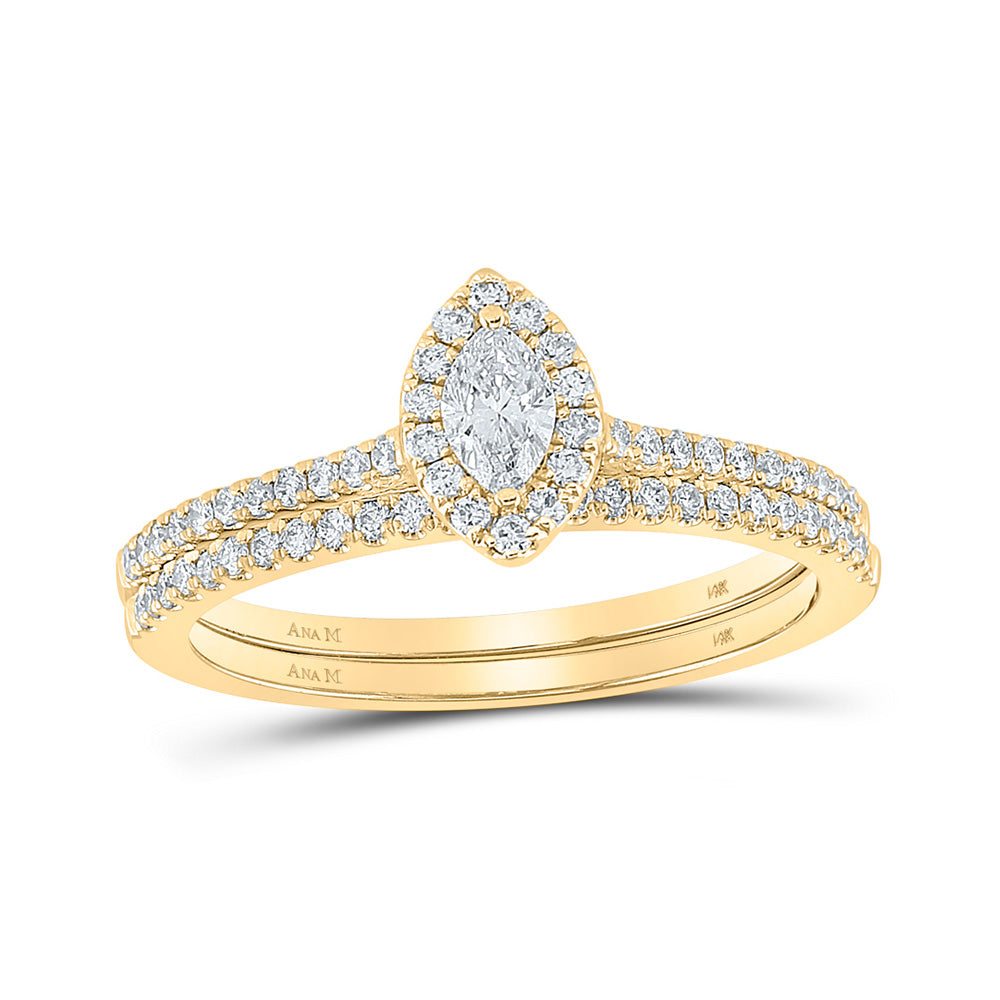 14K Yellow Gold Marquise Diamond Halo Bridal Wedding Ring Band Set 1/2 Cttw, Womens Size: 5-10