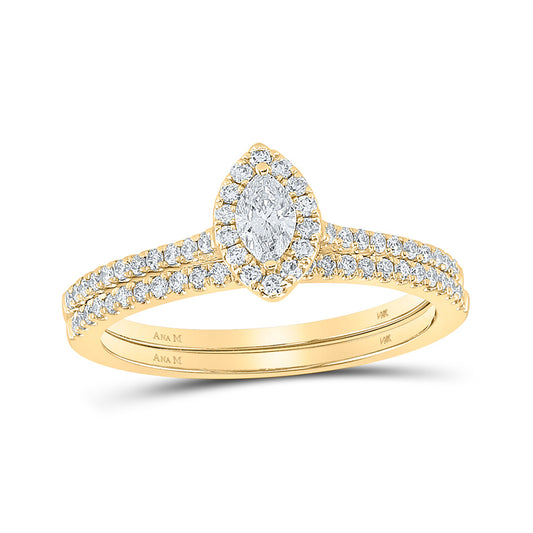 14K Yellow Gold Marquise Diamond Halo Bridal Wedding Ring Band Set 1/2 Cttw, Womens Size: 5-10