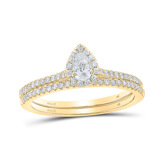14K Yellow Gold Pear Diamond Halo Bridal Wedding Ring Band Set 1/2 Cttw, Womens Size: 5-10
