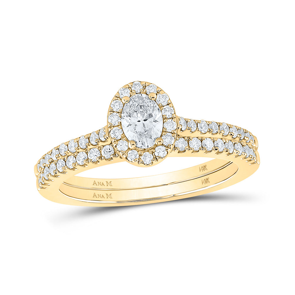 14K Yellow Or Two-Tone Gold Oval Diamond Halo Bridal Wedding Ring Band Set , Womens Size: 5-10