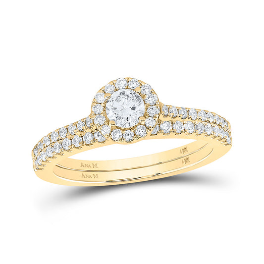 14K Yellow Gold Round Diamond Halo Bridal Wedding Ring Band Set 7/8 Cttw, Womens Size: 5-10