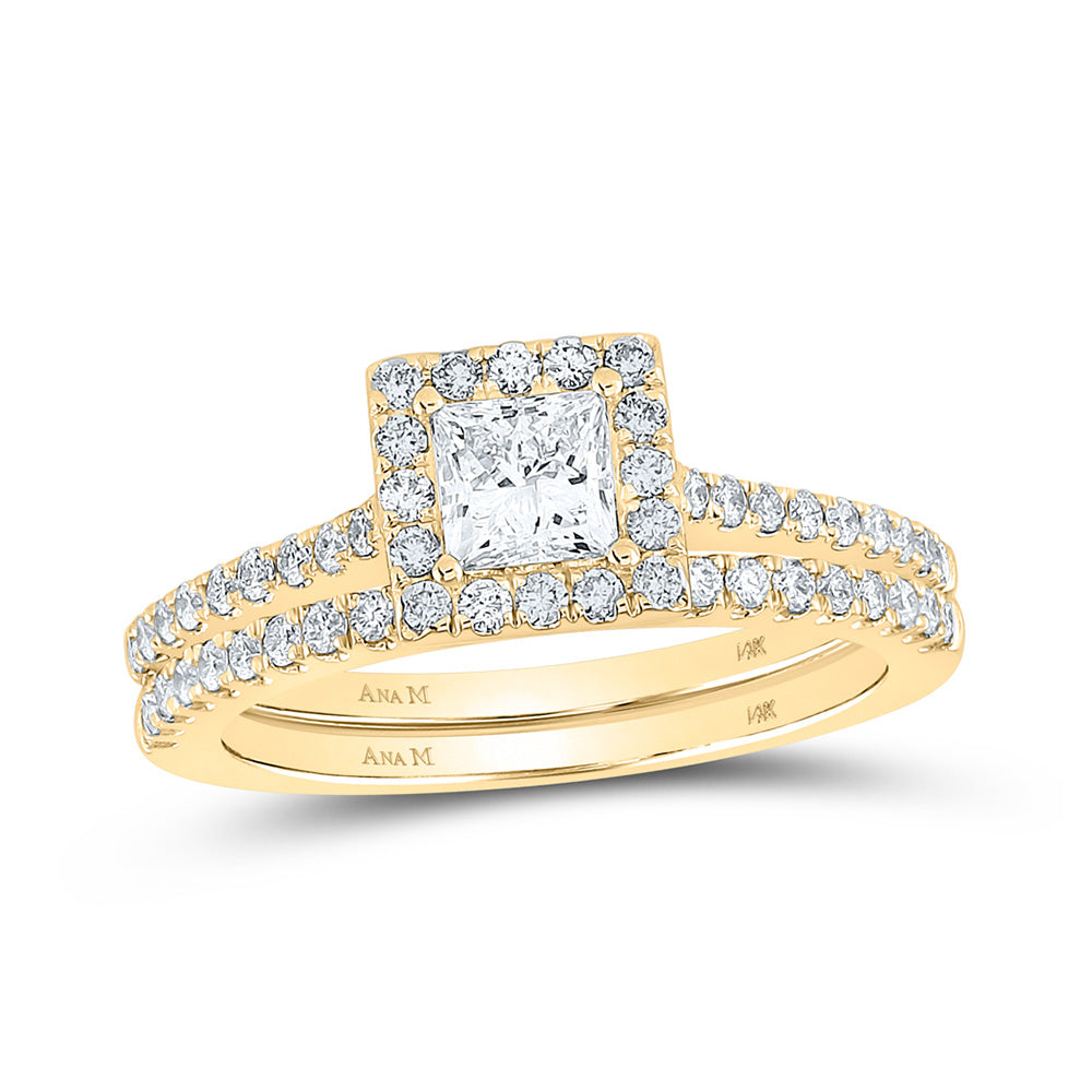 14K Yellow Gold Princess Diamond Halo Bridal Wedding Ring Band Set 1 Cttw, Womens Size: 5-10