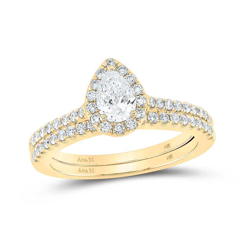 14K Yellow Or Two-Tone Gold Pear Diamond Halo Bridal Wedding Ring Band Set , Womens Size: 5-10
