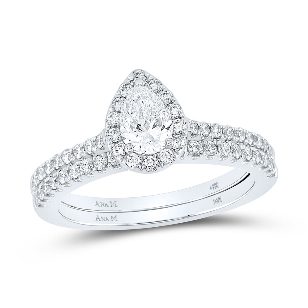 14K Yellow Or Two-Tone Gold Pear Diamond Halo Bridal Wedding Ring Band Set , Womens Size: 5-10