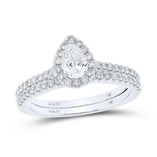 14K Yellow Or Two-Tone Gold Pear Diamond Halo Bridal Wedding Ring Band Set , Womens Size: 5-10