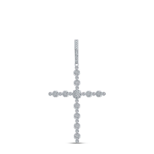 10K White Gold Womens Round Diamond Cross Pendant 3/4 Cttw