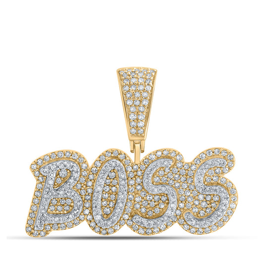10K Yellow Gold Mens Round Diamond BOSS Charm Pendant 3/4 Cttw, Length: 0.95 In, Width: 1.15 In