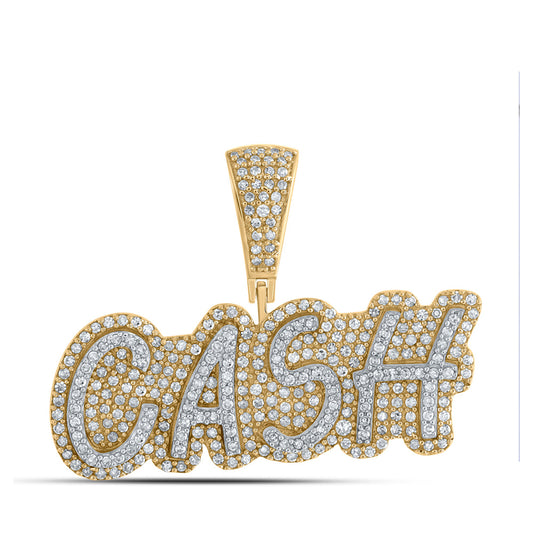 10K Yellow Gold Mens Round Diamond CASH Charm Pendant 7/8 Cttw, Length: 0.91 In, Width: 1.22 In