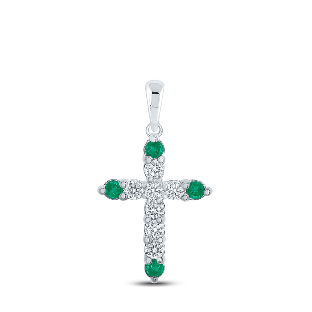 10K White Gold Womens Round Emerald Diamond Cross Pendant 1/5 Cttw, Length: 0.86 In, Width: 0.46 In