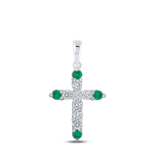 10K White Gold Womens Round Emerald Diamond Cross Pendant 1/5 Cttw, Length: 0.86 In, Width: 0.46 In
