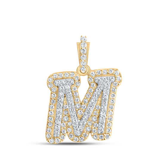 10K Yellow Gold Womens Round Diamond M Initial Letter Pendant 1/4 Cttw, Length: 0.73 In, Width: 0.41 In