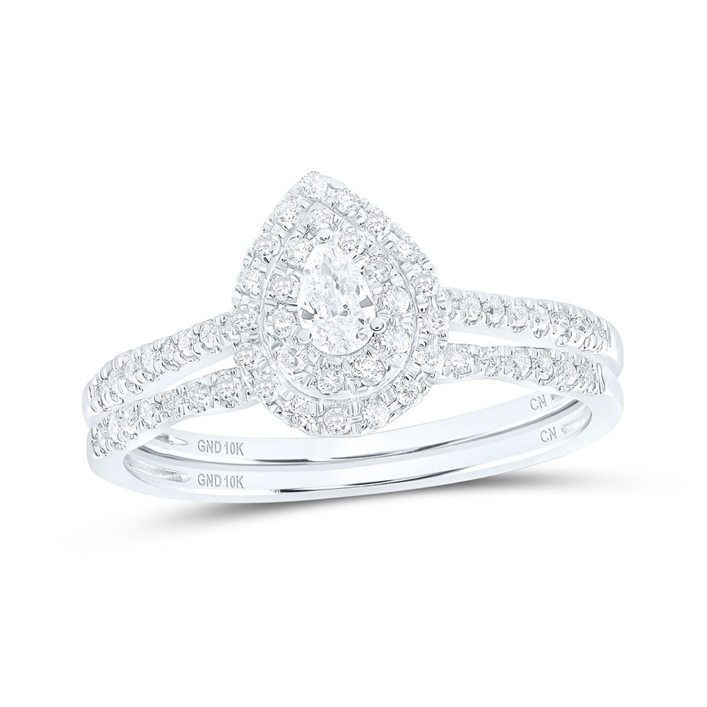 10K White Or Yellow Gold Pear Diamond Halo Bridal Wedding Ring Band Set , Womens Size: 5-10