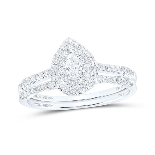 10K White Or Yellow Gold Pear Diamond Halo Bridal Wedding Ring Band Set , Womens Size: 5-10