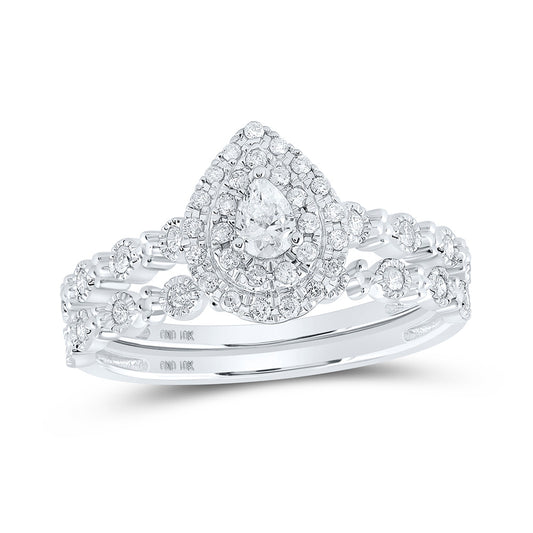 10K White Or Yellow Gold Pear Diamond Halo Bridal Wedding Ring Band Set , Womens Size: 5-10