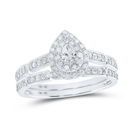 10K White Or Yellow Gold Pear Diamond Halo Bridal Wedding Ring Band Set , Womens Size: 5-10
