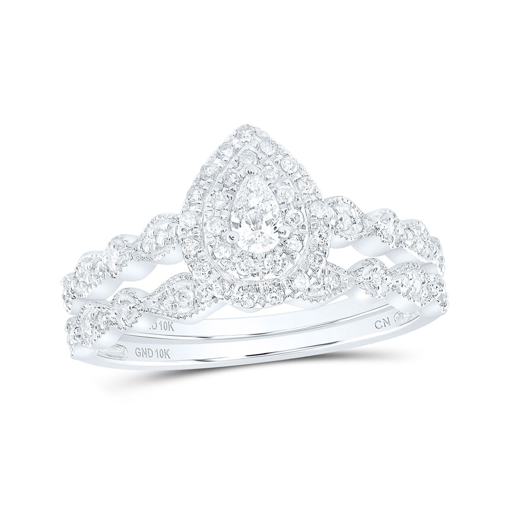 10K White Or Yellow Gold Pear Diamond Halo Bridal Wedding Ring Band Set , Womens Size: 5-10